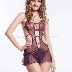 Purple Strappy Open Back Heart Printed Sexy Babydoll