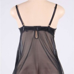 Black Plus Size Transparent Babydoll With Leather Bra   Black Plus Size Transparent Babydoll With Leather Bra