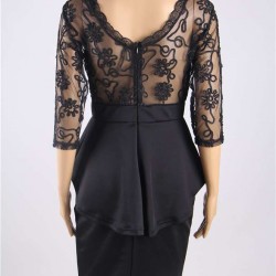 Plus Size Three Quarters Sleeve Embroidery Black Peplum Dress