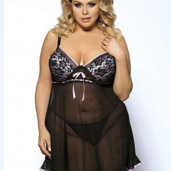 Black Sheer Lace Plus Size Babydoll With Pink Ribbon Black Sheer Lace Plus Size Babydoll With Pink Ribbon