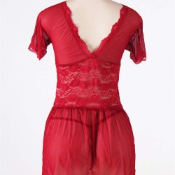 Red Plus Size V Neck Mesh Scalloped Lace Babydoll With Short Sleeve