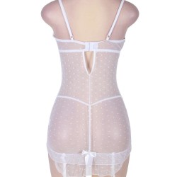 Stretch Lace and Dot Mesh White Garter Slip Set