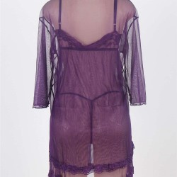 Purple Plus Size 3pc Transparent Lace Robe Lingerie
