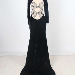 Black Long Sleeve Pattern Back Sheer Prom Dress