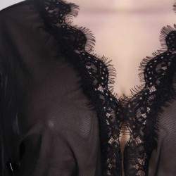 Plus Size Black Lace Trim Robe With Thong Plus Size Black Lace Trim Robe With Thong