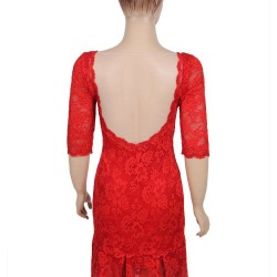 Red Short Sleeve Round Neck Lace Bodycon Dress