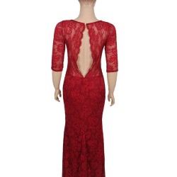 Backless Half Sleeve Red Long Dress