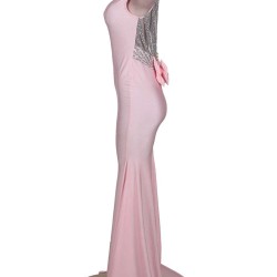 Pink Open Back Golden Strap Ruffle Evening Dress