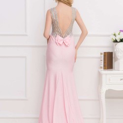 Pink Open Back Golden Strap Ruffle Evening Dress
