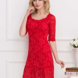 Red Short Sleeve Round Neck Lace Bodycon Dress
