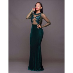 Green Mesh Lace Applique Velvet Maxi Dress Green Mesh Lace Applique Velvet Maxi Dress