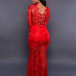 Beaming Red Lace Long Sleeve Croch Dress