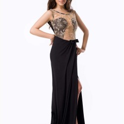 Black Embroidered Mesh Wrap Open Back Long Dress