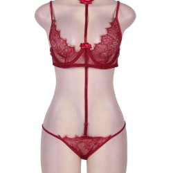 Red Strappy Lace Bra Set With Mask Red Strappy Lace Bra Set With Mask