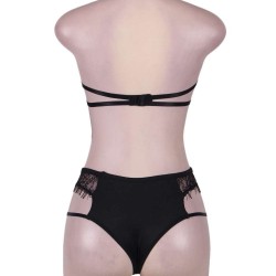 Black Eyelash Lace Strappy Bra Set