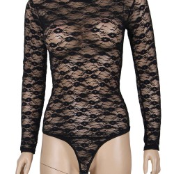 Black Plus Size Sheer Long Sleeve Teddy Lingerie