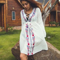 White Embroidered Kimono Long Sleeve Beach Dress