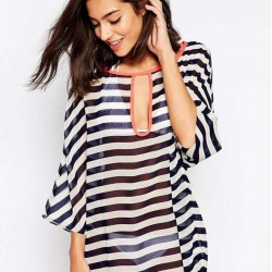 Kimono Sleeve Chiffon Black  White Striped Beachwear