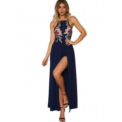 Elegant Dark Blue Embroidery Backless Long Dress Elegant Dark Blue Embroidery Backless Long Dress