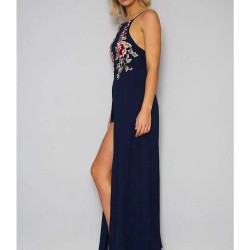 Elegant Dark Blue Embroidery Backless Long Dress