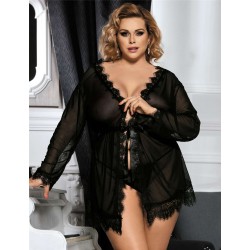 Plus Size Black Lace Trim Robe With Thong Plus Size Black Lace Trim Robe With Thong