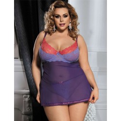 Plus Size Purple And Pink Lace Cup Babydoll Set Plus Size Purple And Pink Lace Cup Babydoll Set