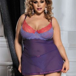 Plus Size Purple And Pink Lace Cup Babydoll Set