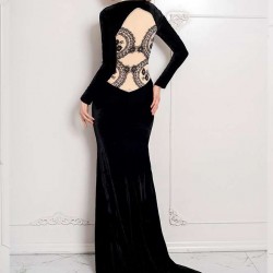 Black Long Sleeve Pattern Back Sheer Prom Dress