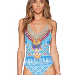 Fashion Indian Printed One Piece Blue Swimsuit