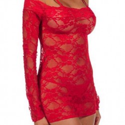 Sexy Off -Shoulder Sheer Red Lace Chemise Dress