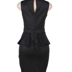 Bar Trim Pleated Peplum Black Midi Dress