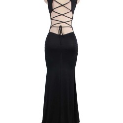 Black Simple Straps Backless Slit Party Gown