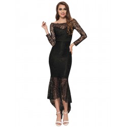 Black Delicate Floral Lace Low Hem Evening Dress Black Delicate Floral Lace Low Hem Evening Dress