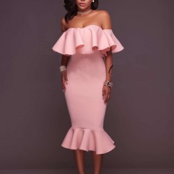 Pink Ruffle Off-Shoulder Mermaid Bodycon Dress
