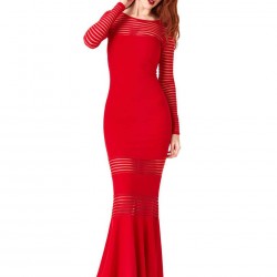 Red Stripe Fishtail Long Sleeve Evening Dress