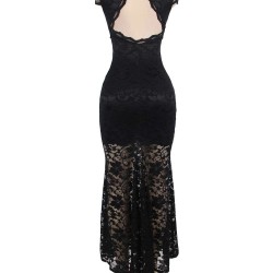 Short Sleeve Black Lace Backless Party Gown