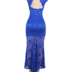 Blue Lace Backless Short Sleeve Party Gown