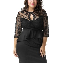 Plus Size Three Quarters Sleeve Embroidery Black Peplum Dress