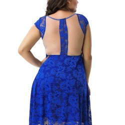 Plus Size Ocean Blue Round Neck Lace Bodycon Dress