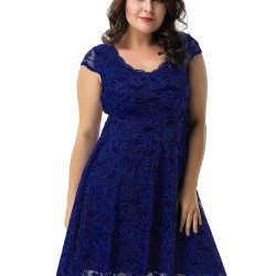 Plus Size Lace Round Neck Elegant Blue Bodycon Dress