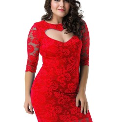 Plus Size Lace Heart Sexy Red Slim Fashion Dress