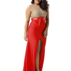 Plus Size Amazing Gold Lace Red Slit Evening Gown