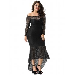 Plus Size Black Delicate Floral Lace Low Hem Evening Dress Plus Size Black Delicate Floral Lace Low Hem Evening Dress