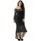 Plus Size Black Delicate Floral Lace Low Hem Evening Dress