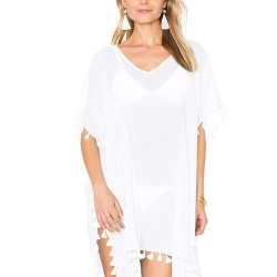 Pom Pom Tassel Hem White Gauze Cover up