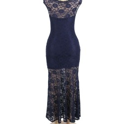 Dark Blue Lace Elegant Fishtail Party Gown For Women