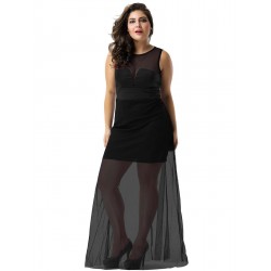 Plus Size Black Sleeveless Short Dress with Floor Length Sheer Overlay Plus Size Black Sleeveless Short Dress with Floor Length Sheer Overlay
