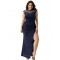 Plus Size Elegant Purplish Blue Side Lace Detail Maxi Dress