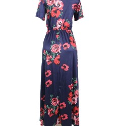 Plus Size Pocket Design Short Sleeve Navy Blue Floral Maxi Dress