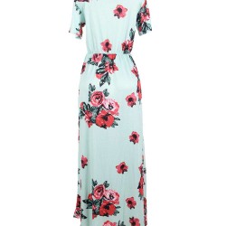 Mint Pocket Design Short Sleeve Floral Maxi Dress
